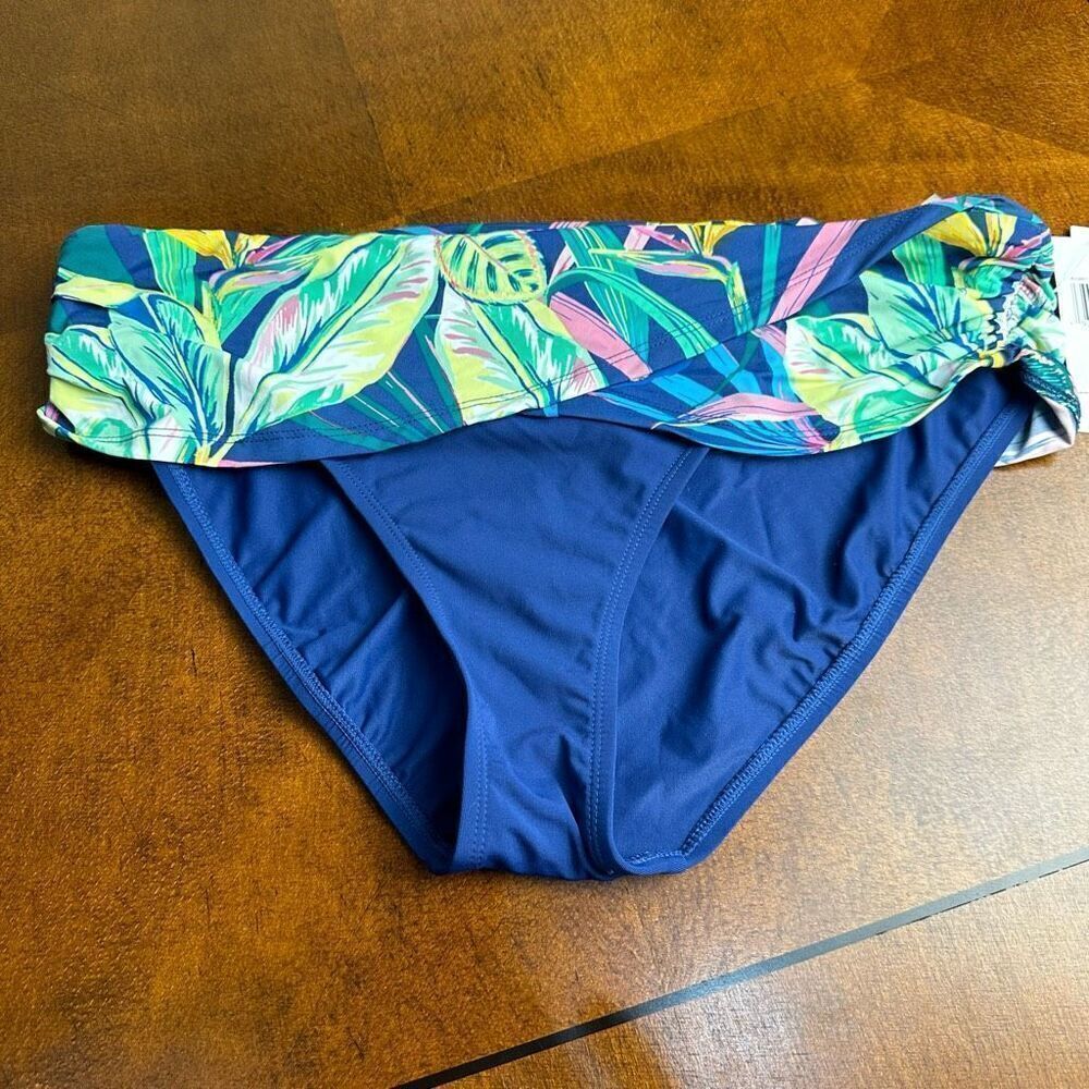 Bleu Rod Beattie NWT size 14 blue bikini swim bottoms with tropical print waistb